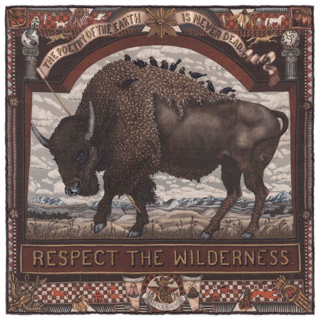 SABINA SAVAGE Secrets of the Bison Small Silk Scarf Sanguine Silver