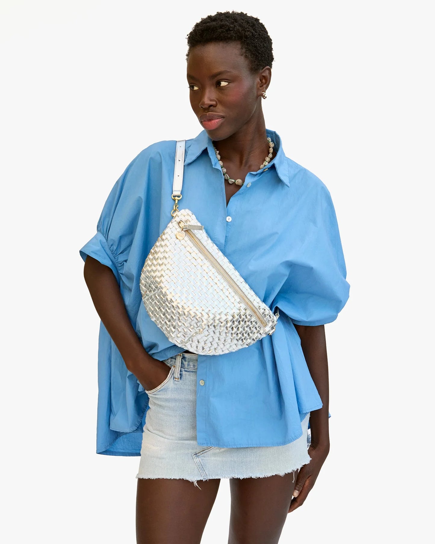 CLARE V Grande Fanny Silver Specchio Woven Checker