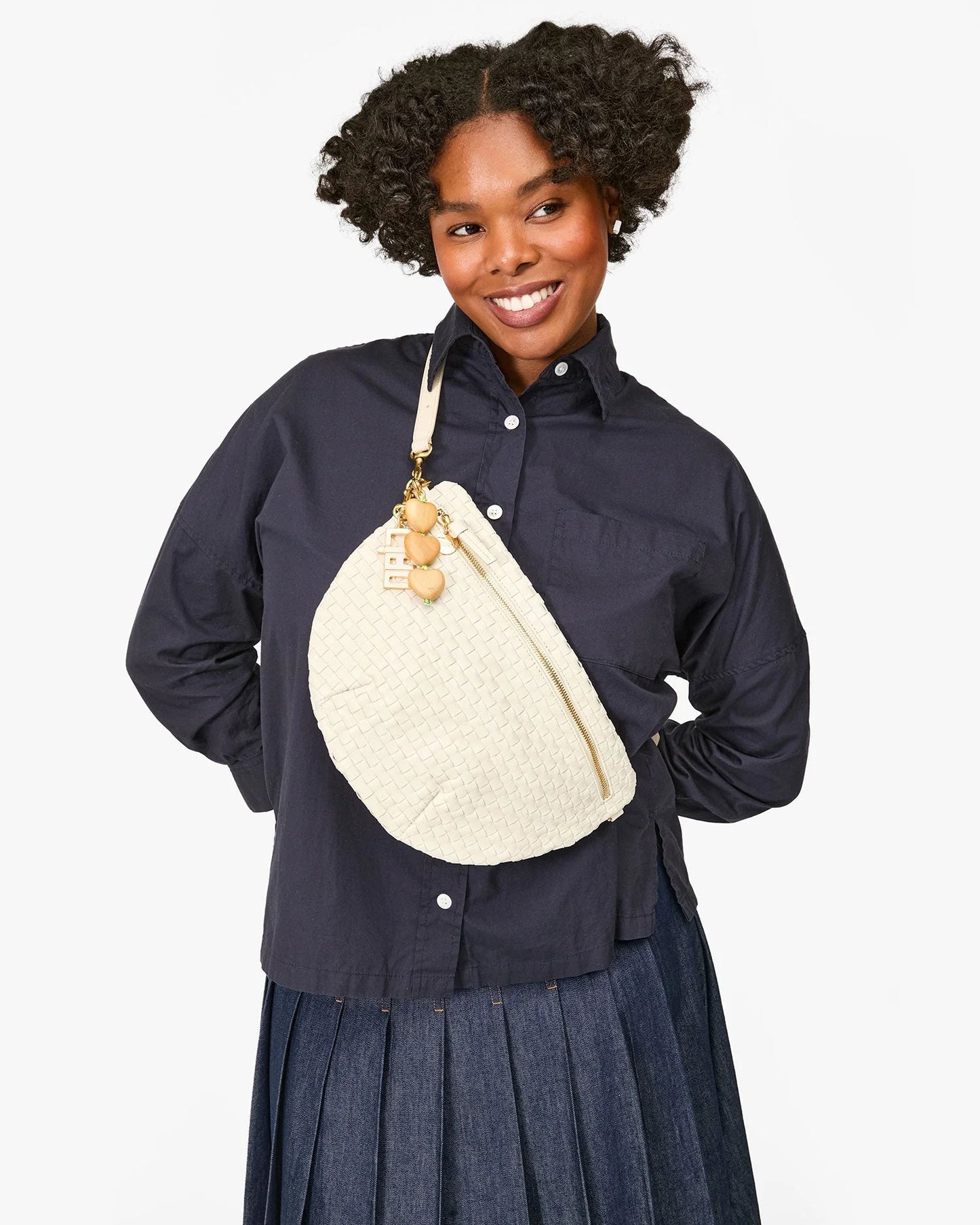 CLARE V Grande Fanny Cream Woven Checker