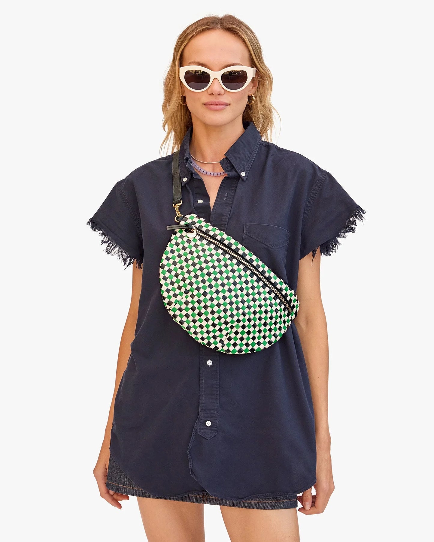 CLARE V Grande Fanny Green Apple Multi Woven Checker