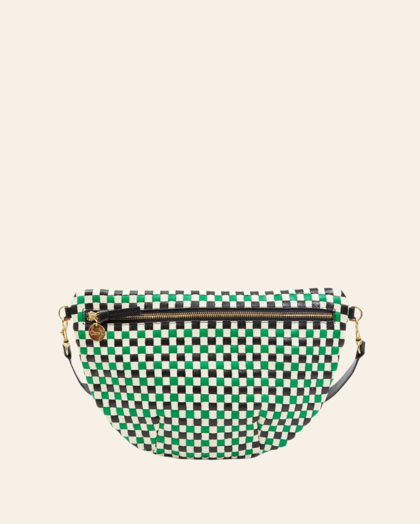 CLARE V Grande Fanny Green Apple Multi Woven Checker
