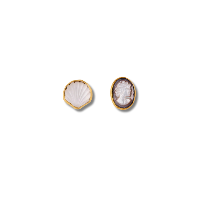GRAINNE MORTON Cameo & Shell Mismatched Stud Earrings