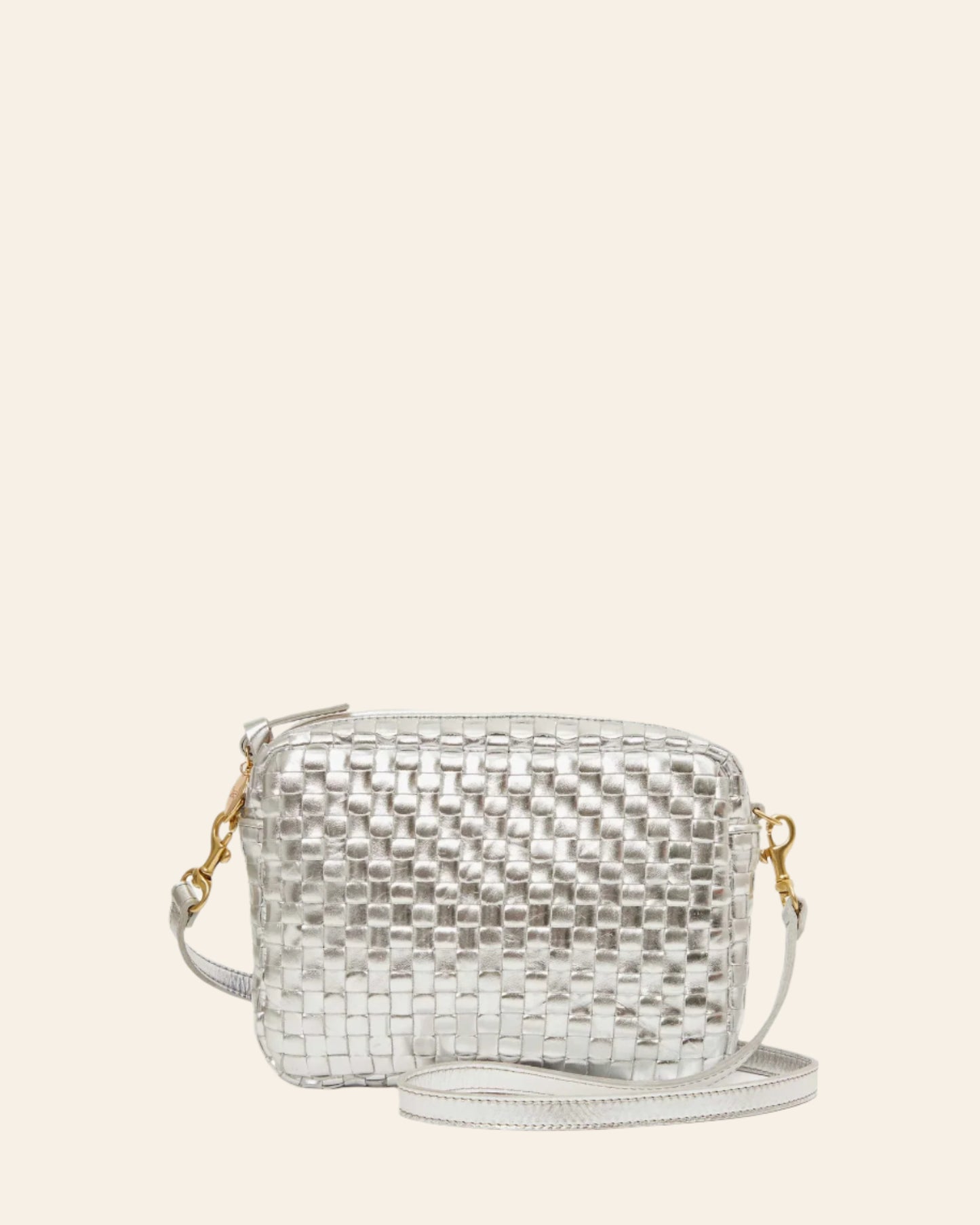 CLARE V Midi Sac Silver Specchio Woven Checker