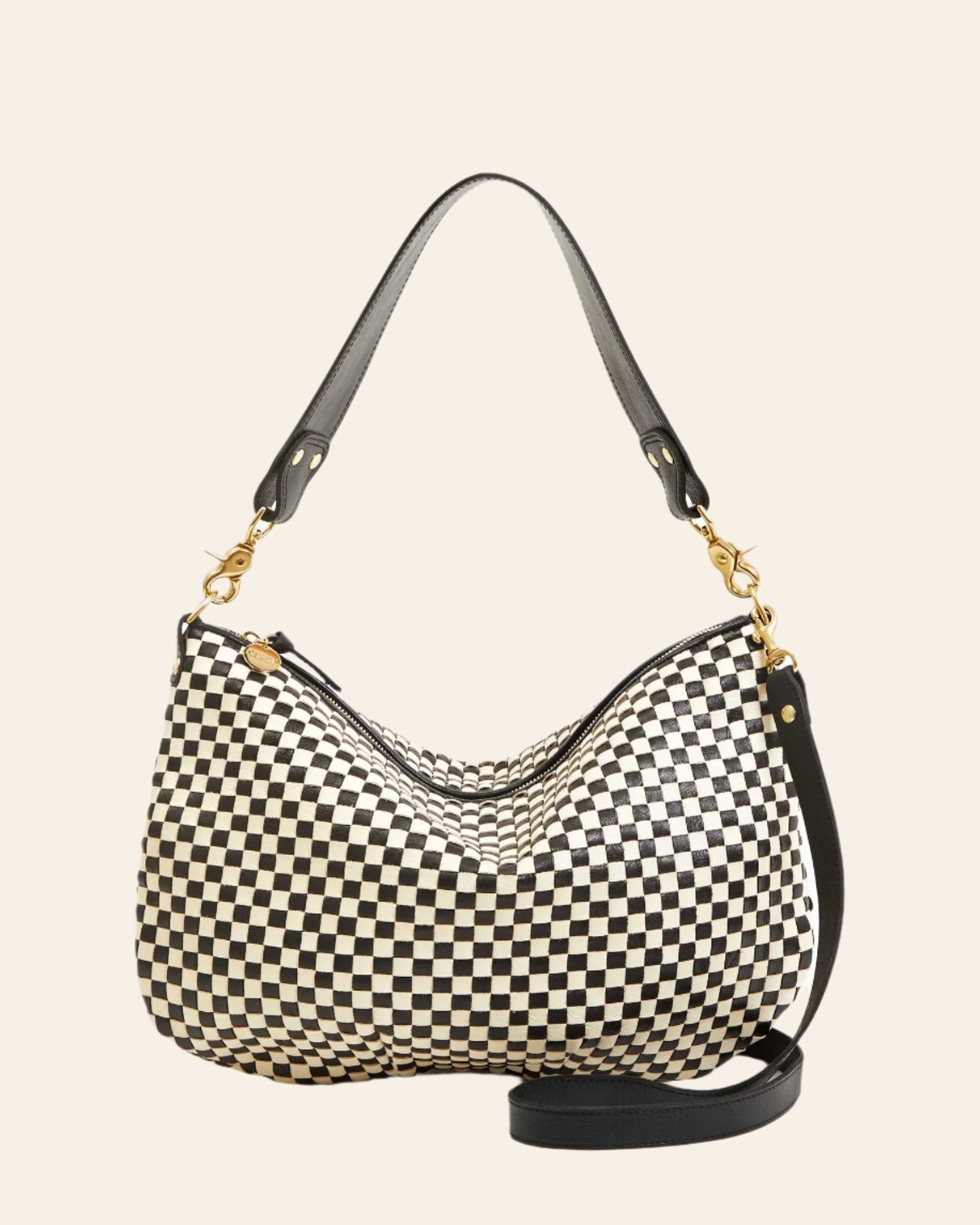 CLARE V Moyen Messenger Black & Cream Woven Checker