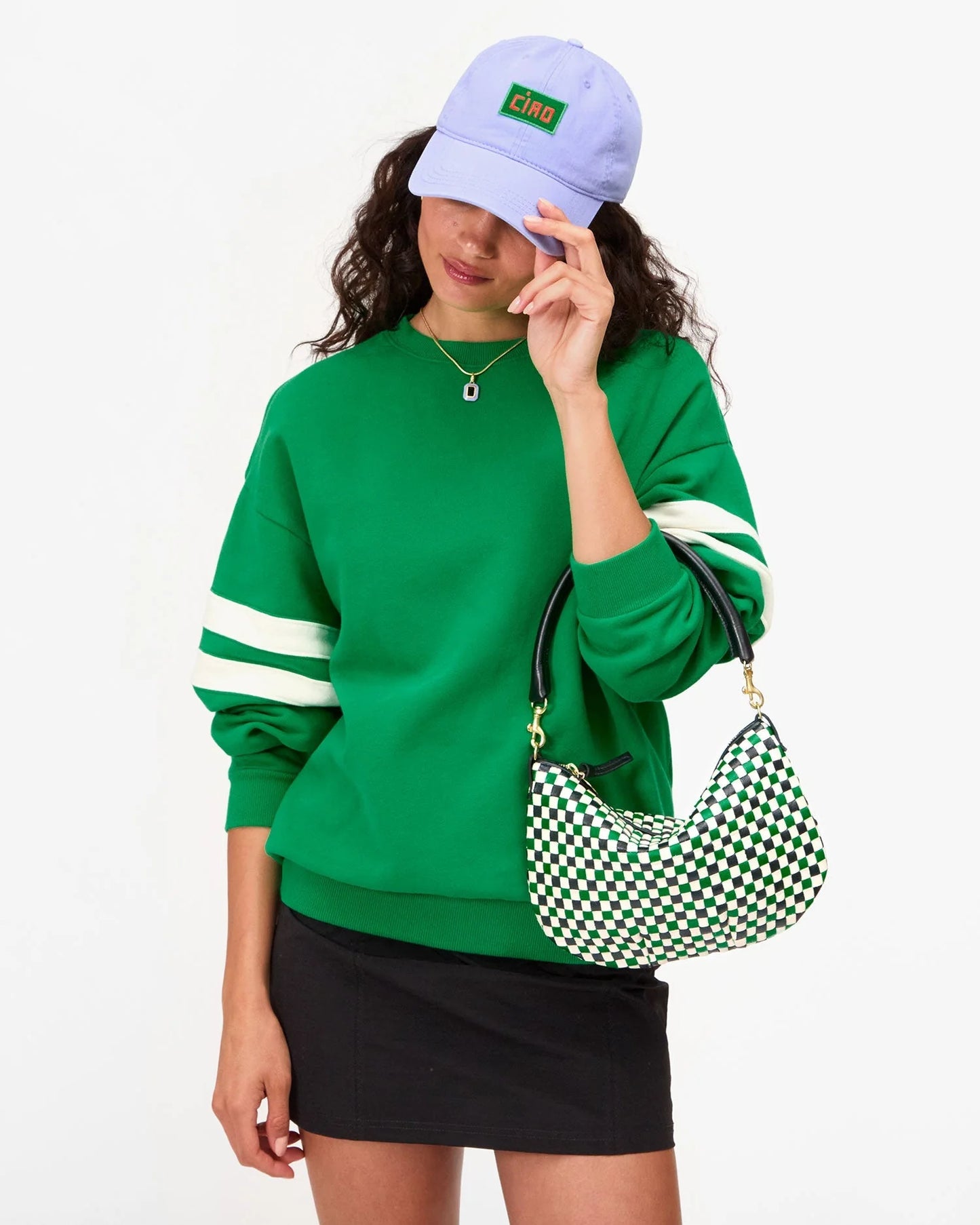 CLARE V Petit Moyen Messenger Green Apple Multi Woven Checker
