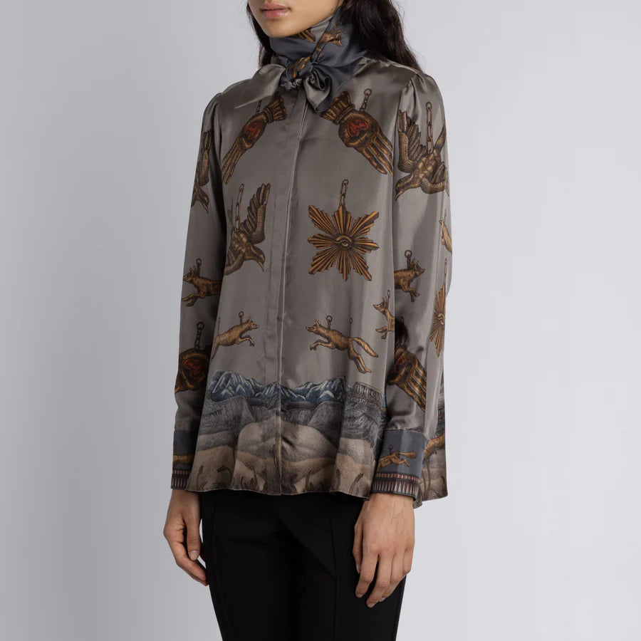 SABINA SAVAGE Secrets of the Bison Tie-Neck Silk Blouse