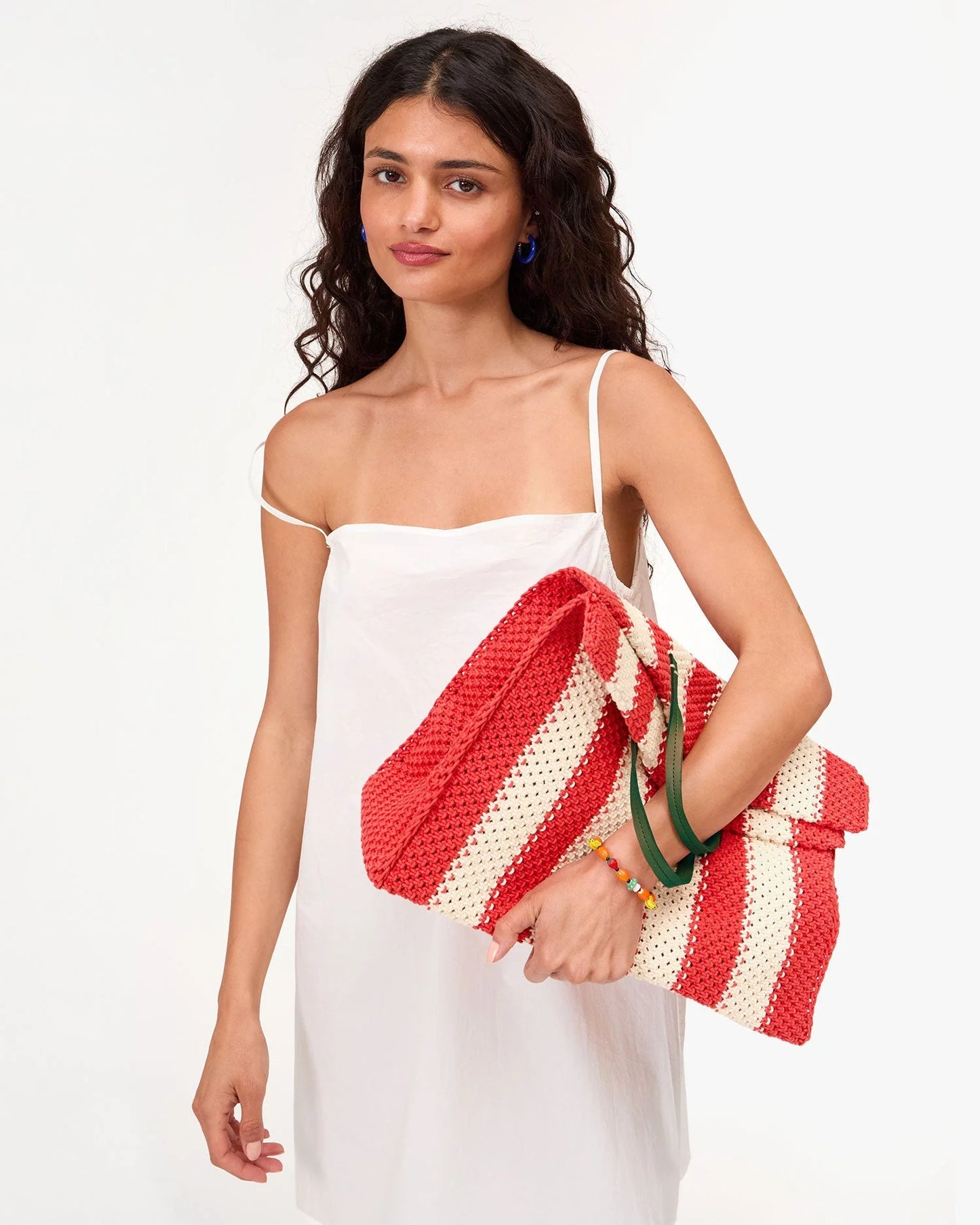 CLARE V Summer Simple Tote Cream & Bright Poppy Stripe
