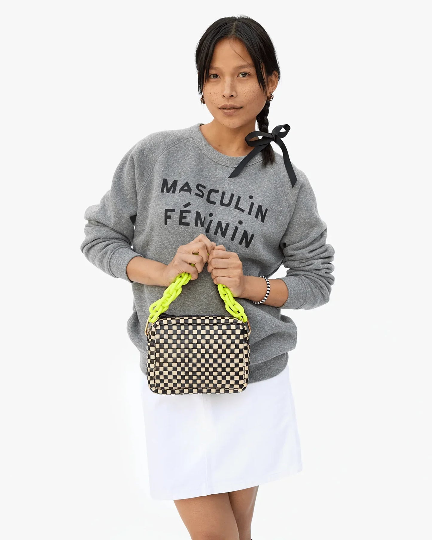 CLARE V Midi Sac Black & Cream Woven Checker
