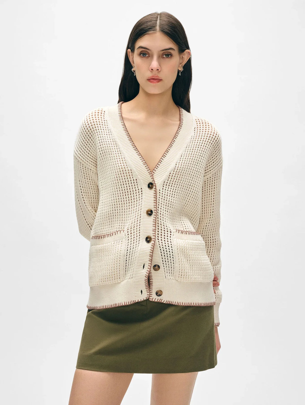 WHITE & WARREN Organic Cotton Blanket Trim Cardigan