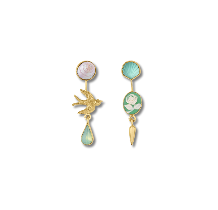 GRAINNE MORTON Bird Double Detachable Victorian Drop Earrings Mint