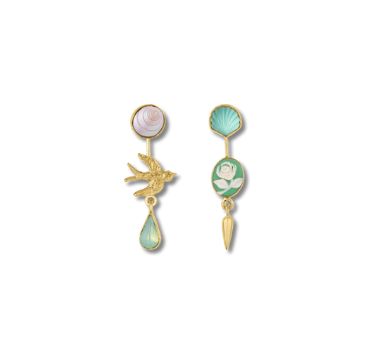 GRAINNE MORTON Bird Double Detachable Victorian Drop Earrings Mint