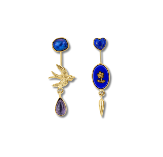 GRAINNE MORTON Bird Double Detachable Victorian Drop Earrings Lapis