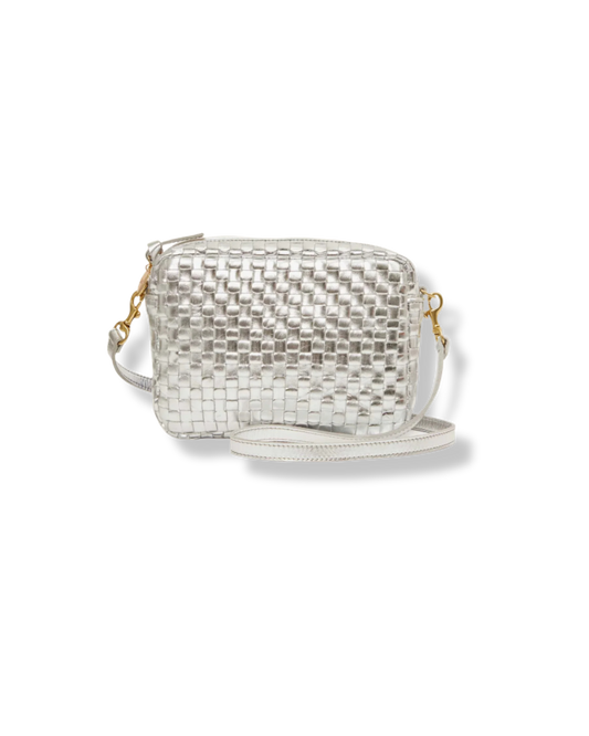 CLARE V Midi Sac Silver Specchio Woven Checker
