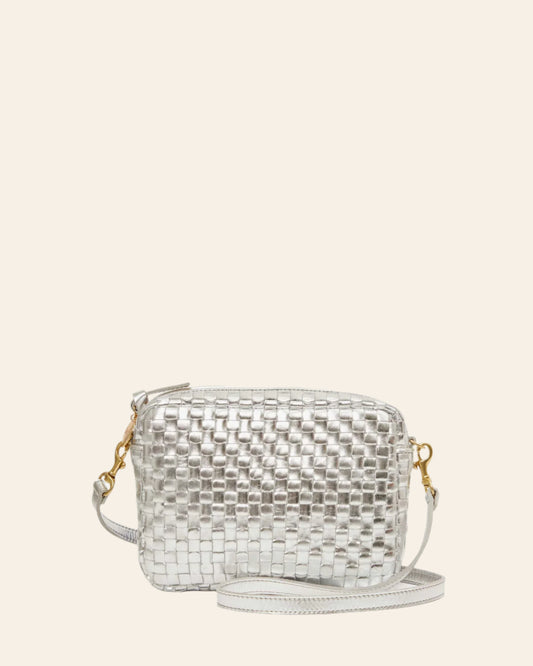 CLARE V Midi Sac Silver Specchio Woven Checker